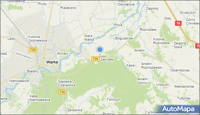 mapa Zakrzew, Zakrzew gmina Grabów nad Pilicą na mapie Targeo